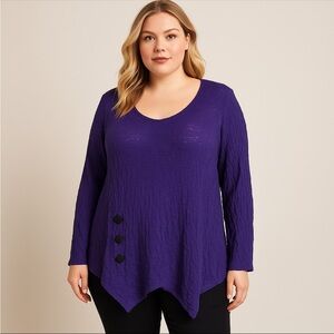 YUSHI Womens Purple Crinkle Lagenlook Button Sleeve Tunic Shirt Top 2X Teacher